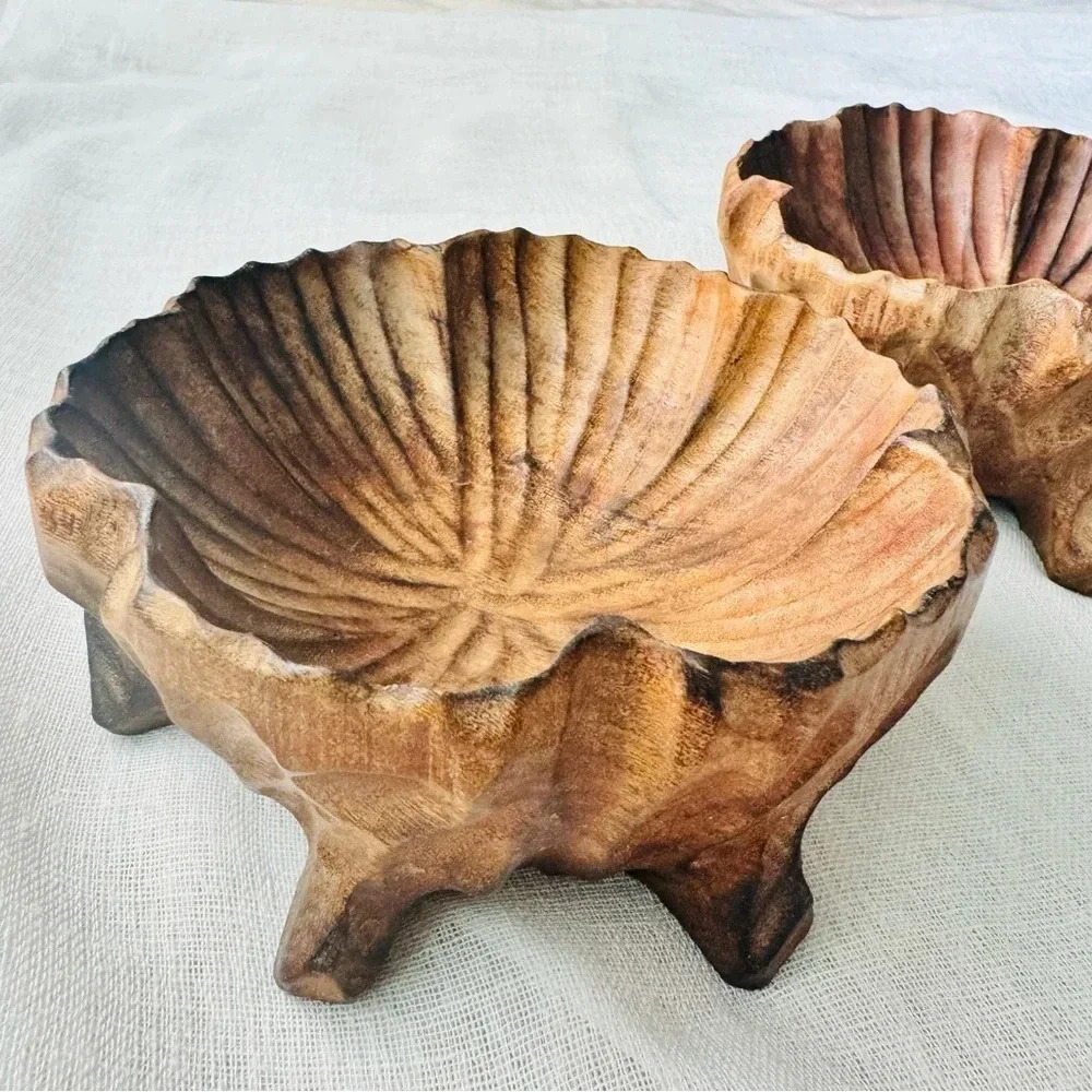 Vintage Pair of Hibiscus Shaped Carved Wooden Bowl with Pedestal